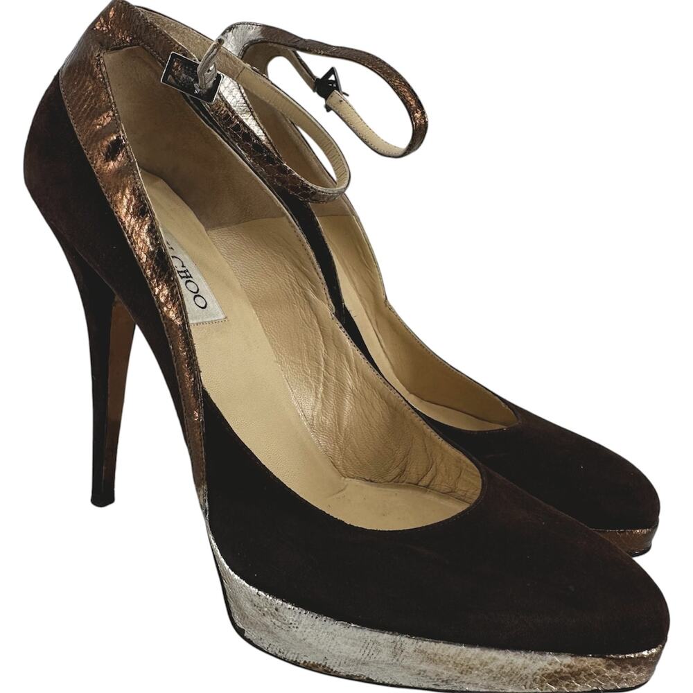 Jimmy Choo Pump D'orsay Heel Suede Stiletto Platform Strap Metallic Brown 9